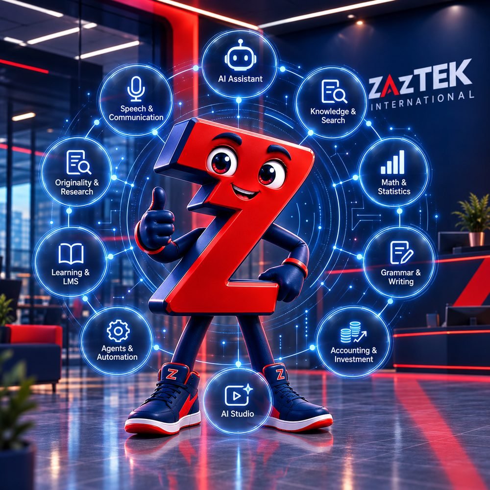 ZAZ, the red Z mascot, giving a thumbs-up, surrounded by the ZAZTEK AI tools: AI Assistant, Knowledge and Search, Math and Statistics, Grammar and Writing, Accounting and Investment, AI Studio, Agents and Automation, Learning and LMS, Originality and Research, Speech and Communication
